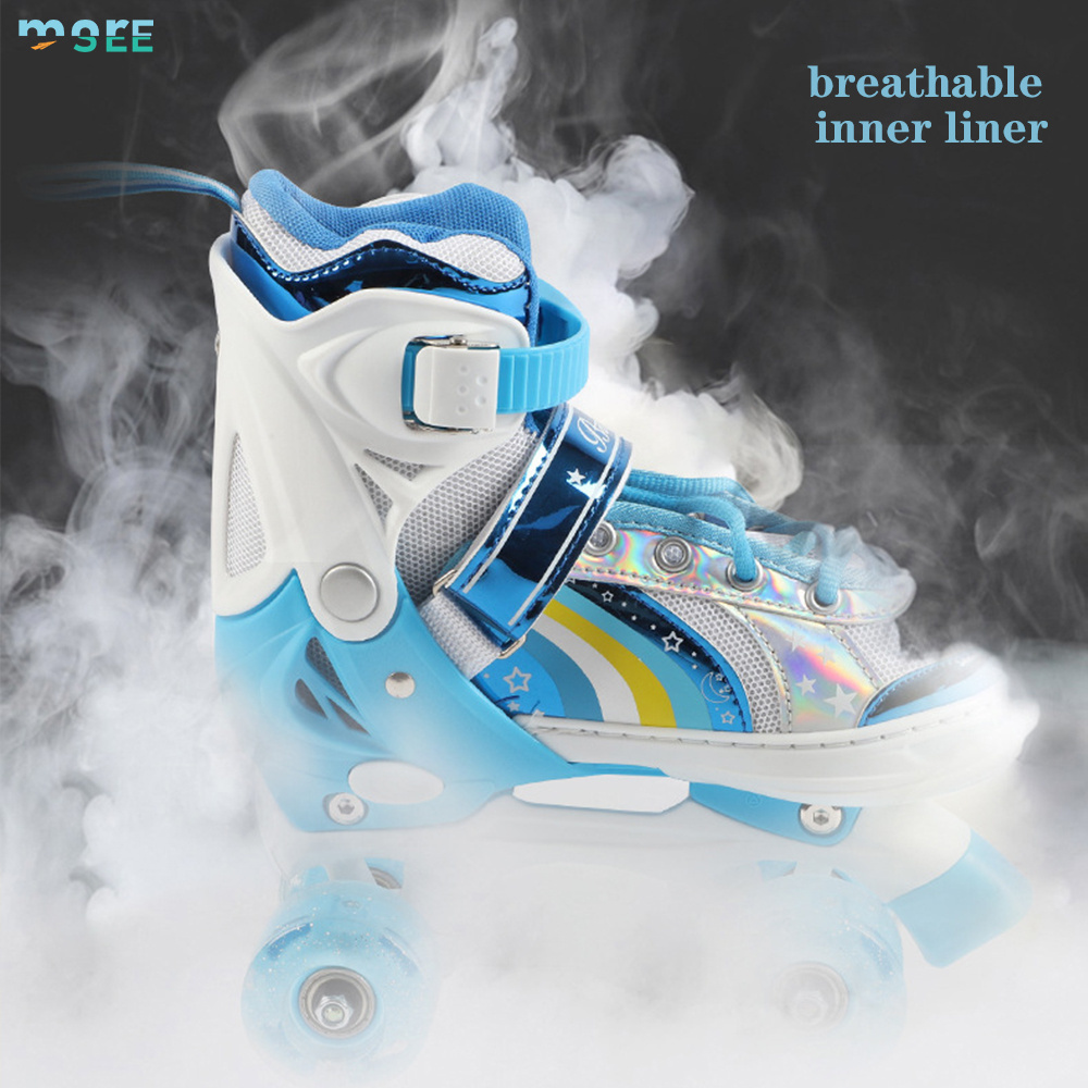 SeeMore Rainbow Roller Skates Shoes 4 Wheels Outdoor Indoor Adjustable Quad Skates with All Light Up Wheels for Kids Girls Kids