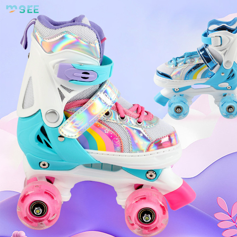 SeeMore Rainbow Roller Skates Shoes 4 Wheels Outdoor Indoor Adjustable Quad Skates with All Light Up Wheels for Kids Girls Kids