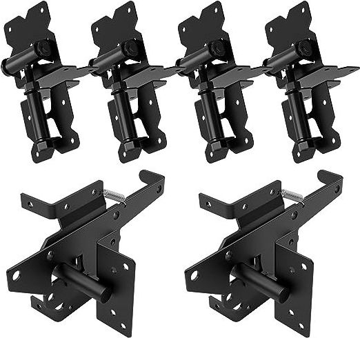 Self Locking Gate Latch and Gate Hinges Set Heavy Duty Hardware for Vinyl and Wood Fence with Installation