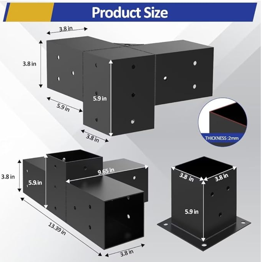 Pergola Kit, Pergola Brackets 3-Way Right Angle Corner Bracket Post Base Kit, Wooden Beams for Gazebos Patio Pergolas Log Cabin