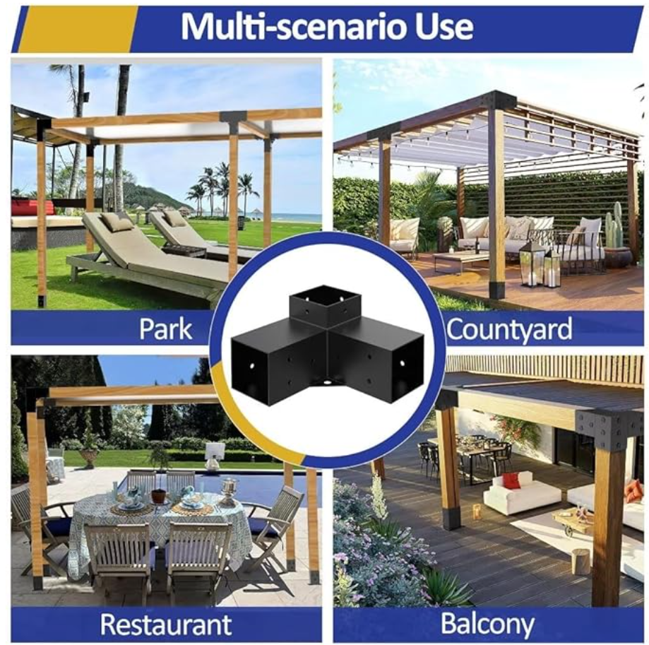 Pergola Kit, Pergola Brackets 3-Way Right Angle Corner Bracket Post Base Kit, Wooden Beams for Gazebos Patio Pergolas Log Cabin