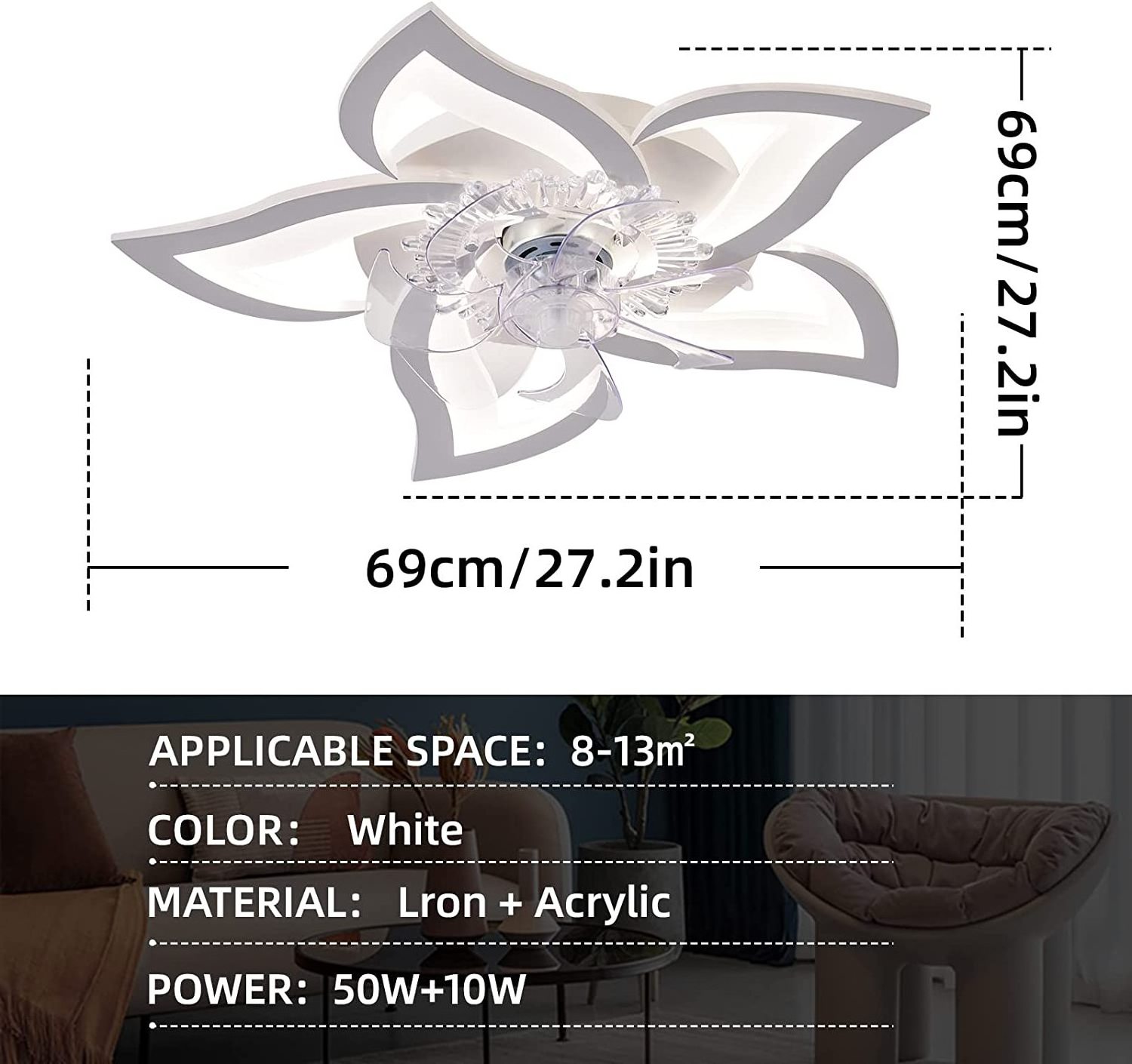 XDX100 27.2 inches Modern Style OEM ODM 50W LED Ceiling Fan Lights with Remote, Suitable for bedroom living room and dining room