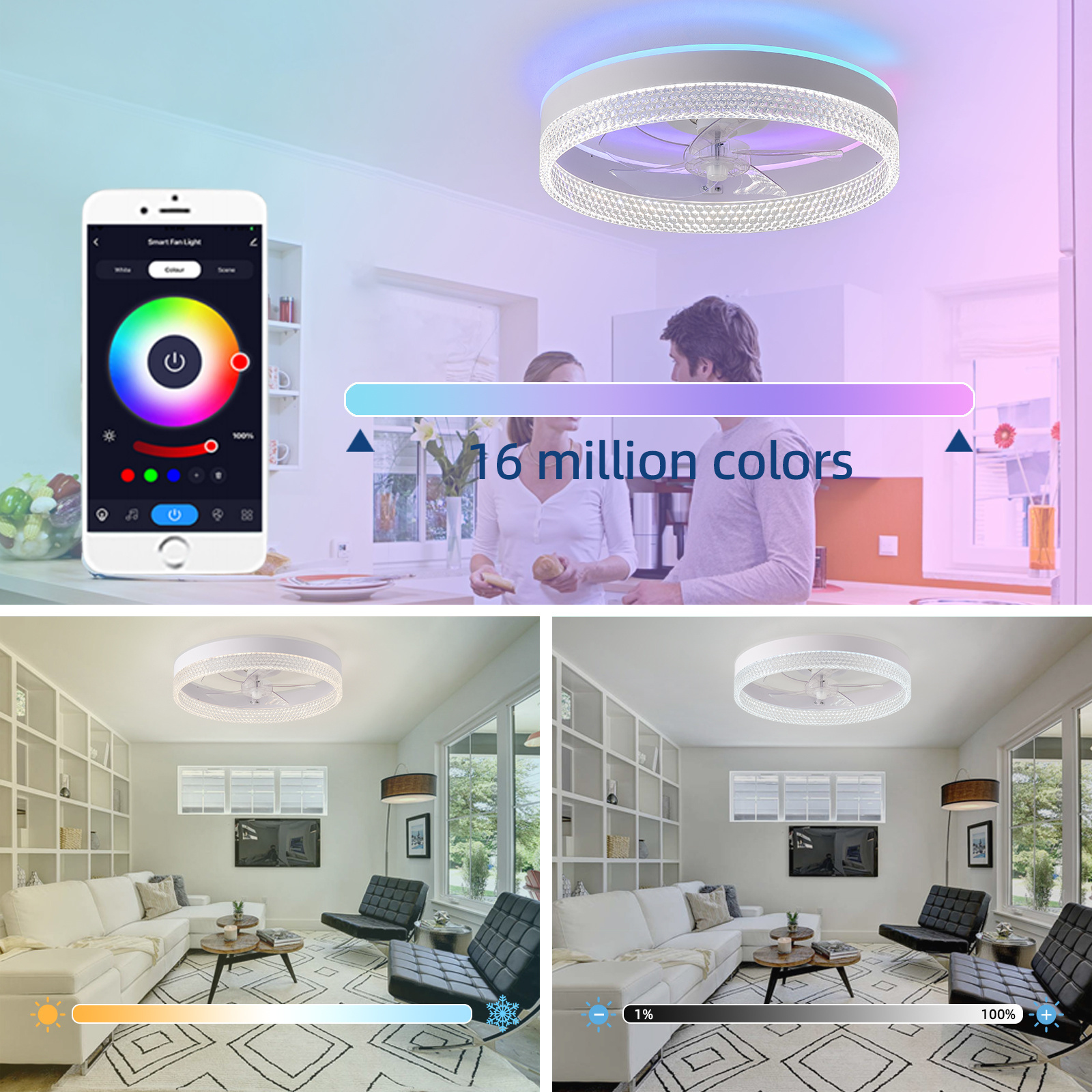 RGB-F2017 20in Modern Ceiling Fan Light,Dimmable Flush Mount LED Fan Light, White Fandelier Ceiling Fans with Lights for Bedroom