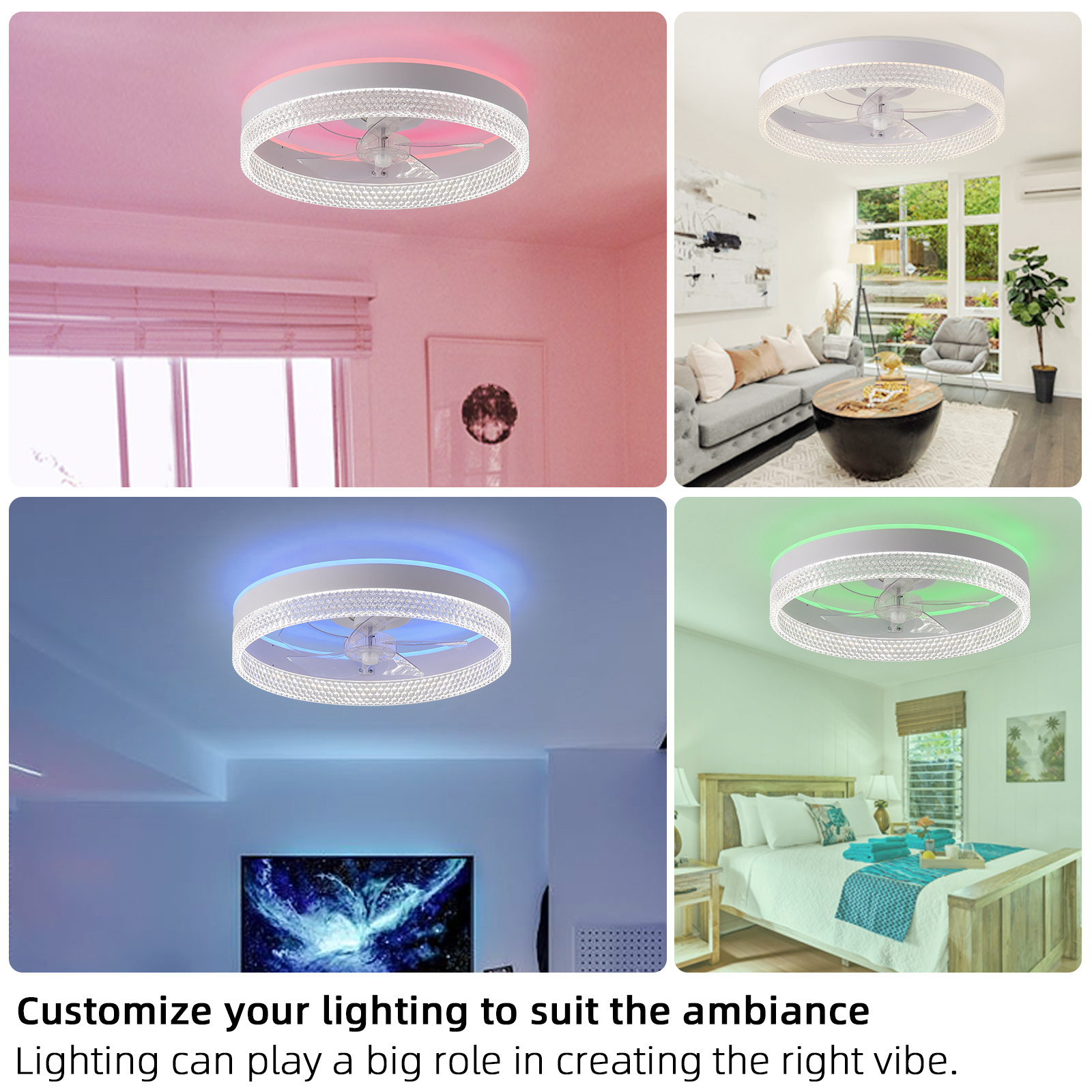 RGB-F2017 20in Modern Ceiling Fan Light,Dimmable Flush Mount LED Fan Light, White Fandelier Ceiling Fans with Lights for Bedroom