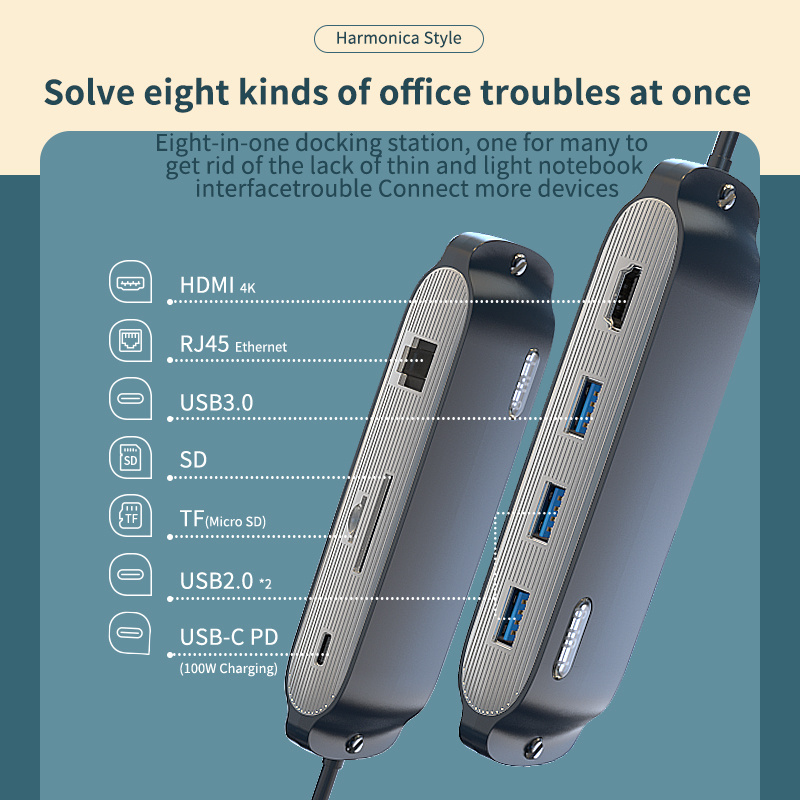 8 in 1 type c hub docking station Fast charge HD-MI USB3.0 usb c hubs RJ45 1000M SD TF USB HUBS