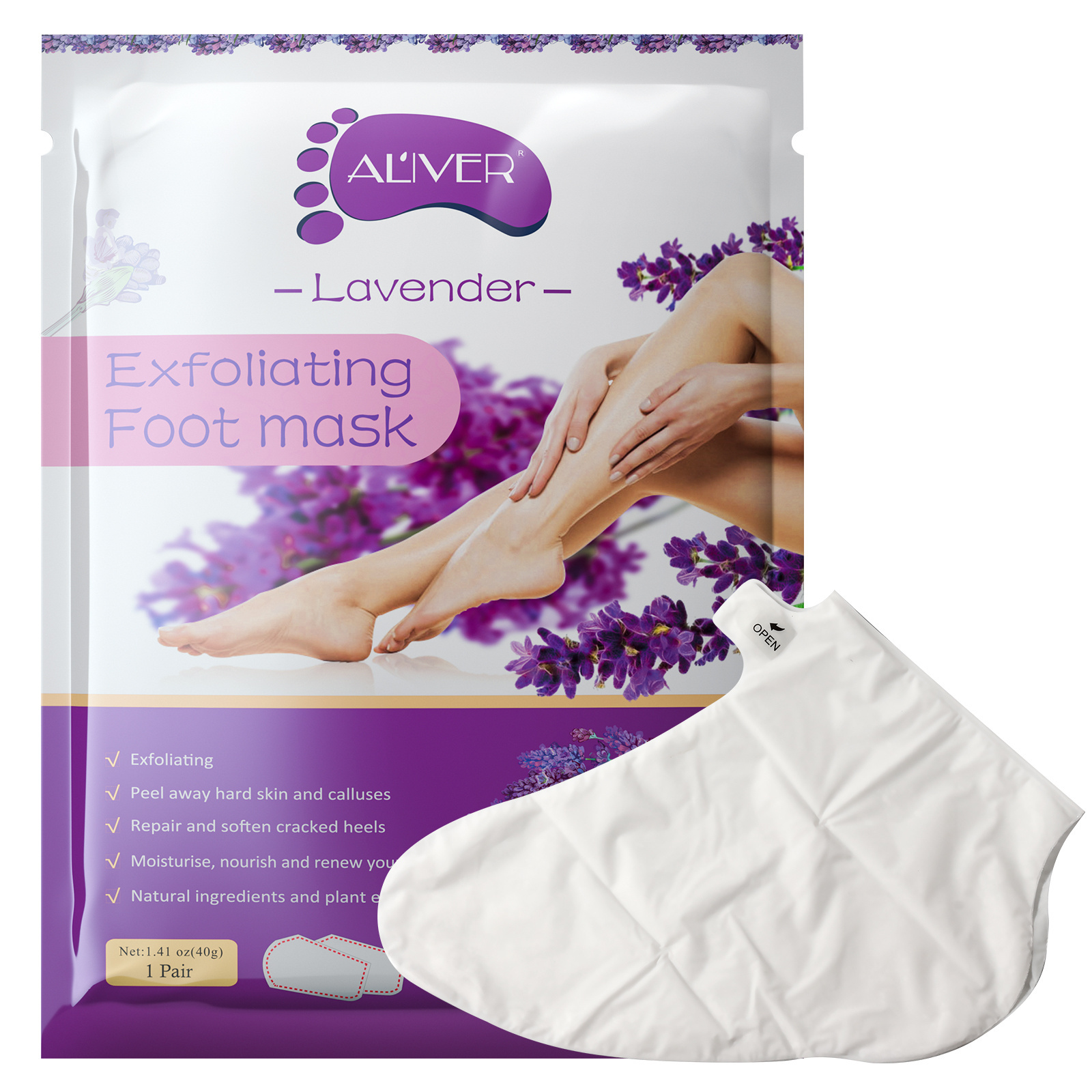 ALIVER Private Label Exfoliating Calluses Footmask Baby Soft Feet Skin Care Peeling Smooth Relaxing Lavender Foot Peel Mask