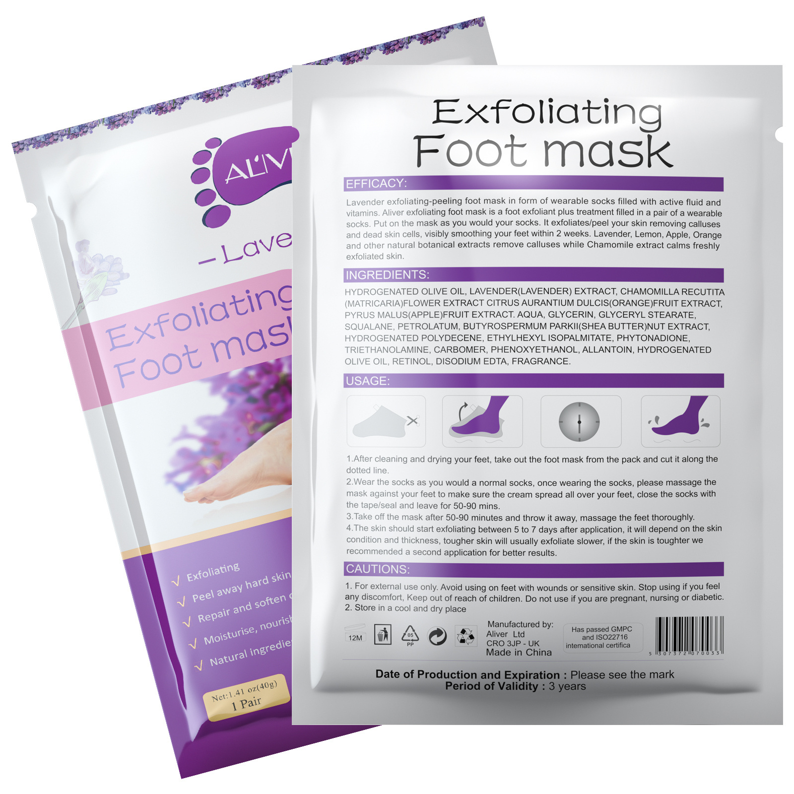 ALIVER Private Label Exfoliating Calluses Footmask Baby Soft Feet Skin Care Peeling Smooth Relaxing Lavender Foot Peel Mask