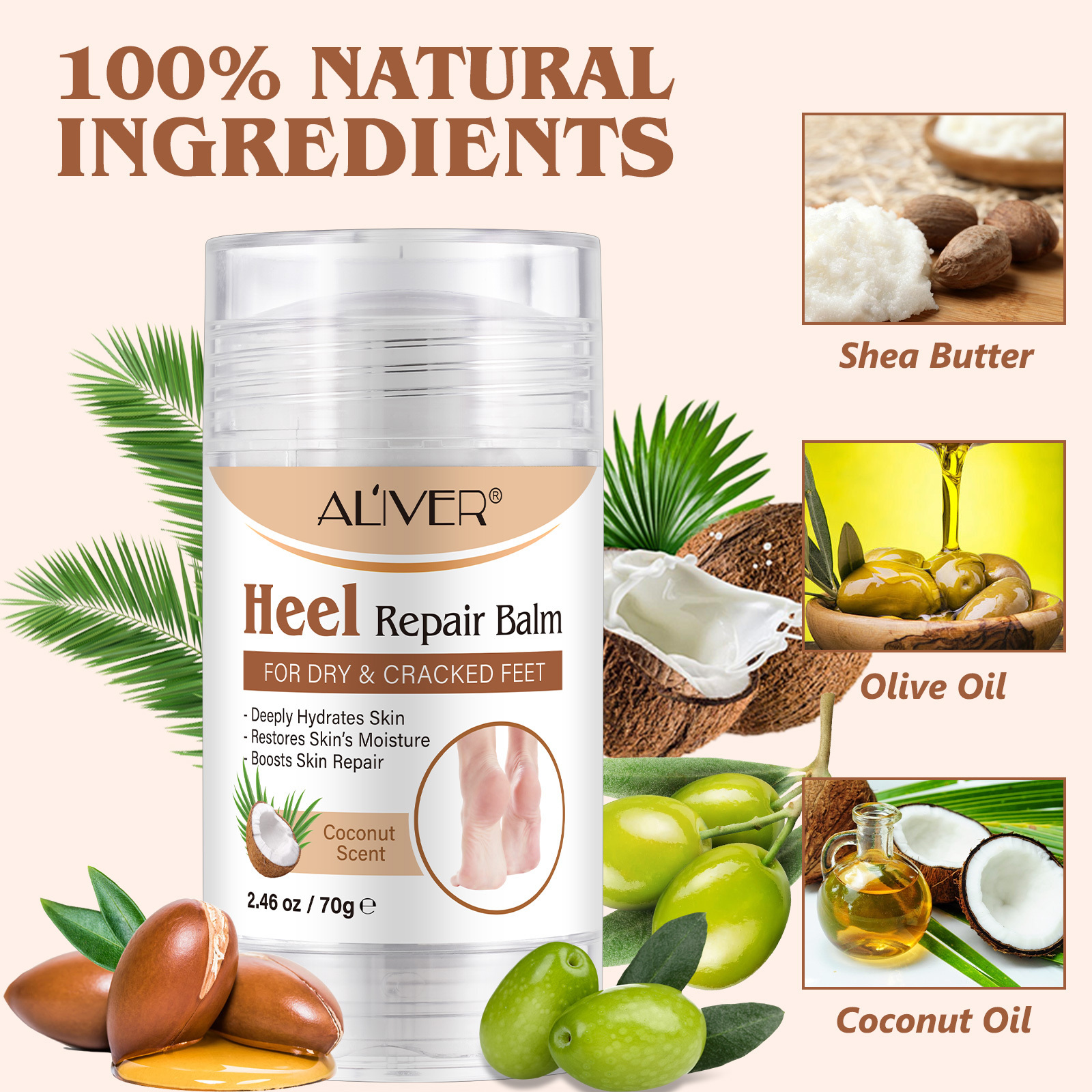 ALIVER coconut oil moisturizing foot care cosmetic cracked heel repair foot balm,private label custom foot balm stick