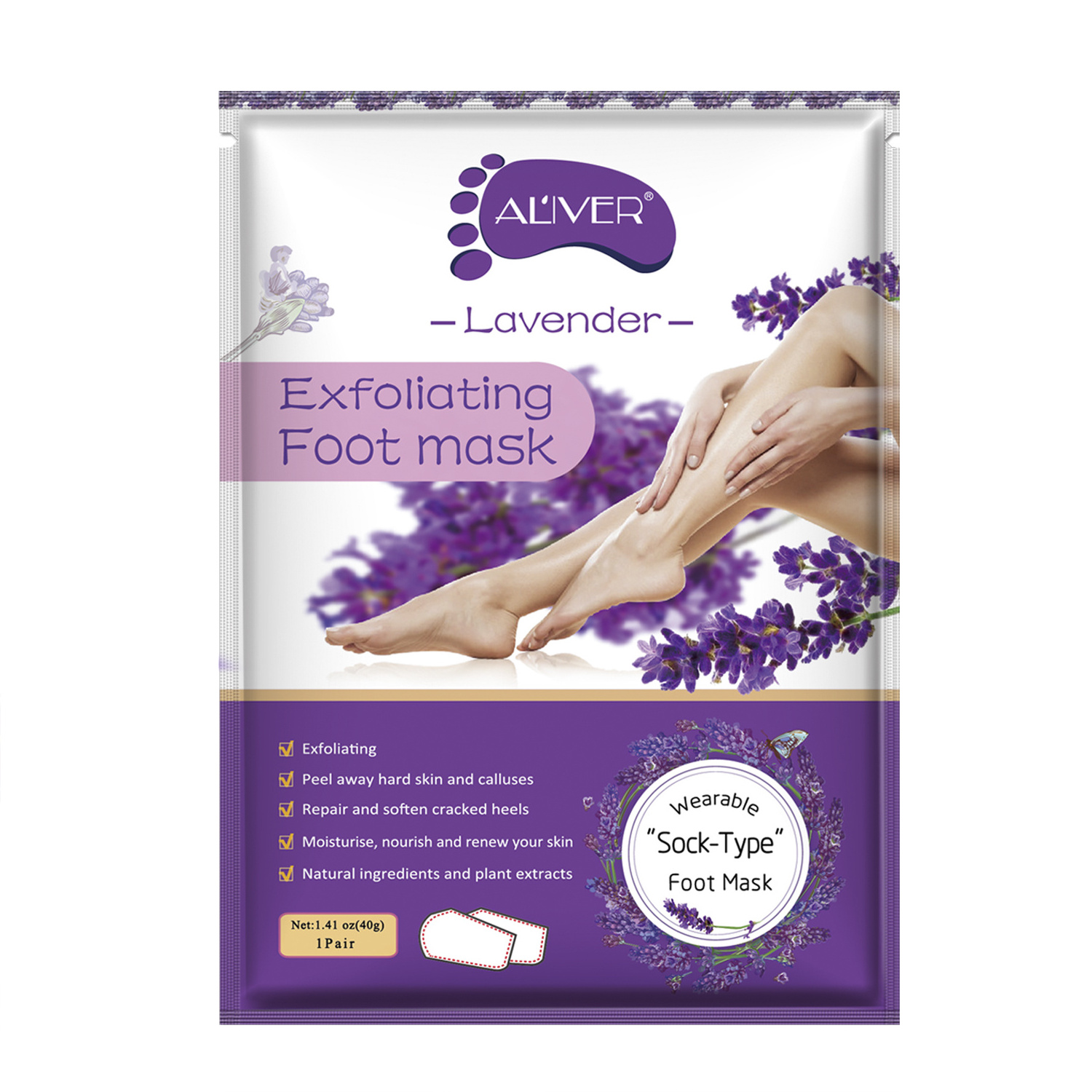 ALIVER Private Label Exfoliating Calluses Footmask Baby Soft Feet Skin Care Peeling Smooth Relaxing Lavender Foot Peel Mask