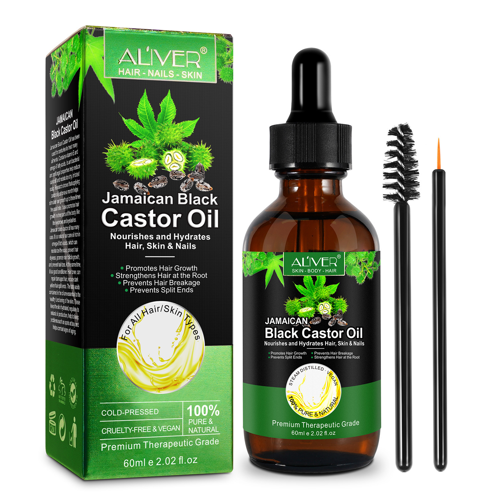 ALIVER private label custom nourishes prevents hair breakage eyelash growth organic black castor oil for hair growth