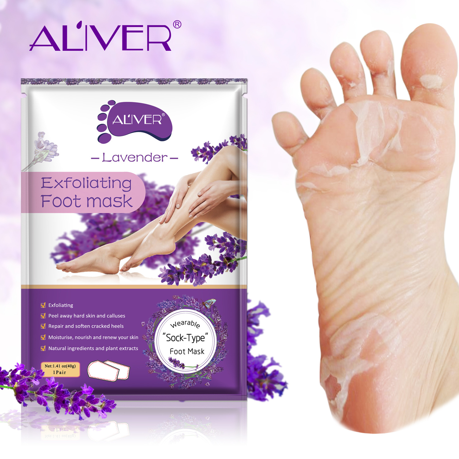 ALIVER Private Label Exfoliating Calluses Footmask Baby Soft Feet Skin Care Peeling Smooth Relaxing Lavender Foot Peel Mask