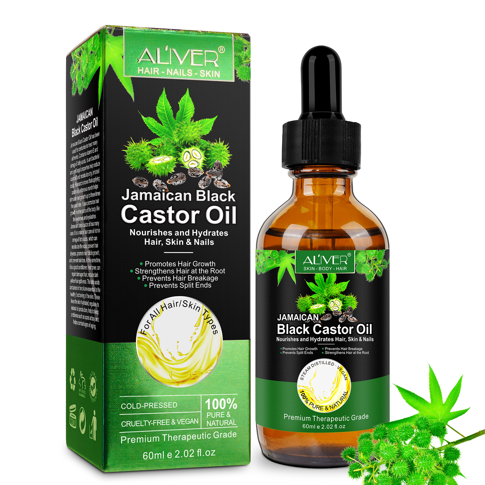 ALIVER private label custom nourishes prevents hair breakage eyelash growth organic black castor oil for hair growth