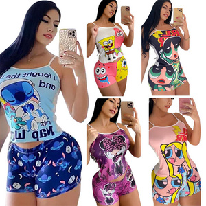 China Wholesale  Summer 2022 Tank Top Custom Cartoon Sleep Wear Two Piece Short Pajama Set Women Onsie Sleepwear