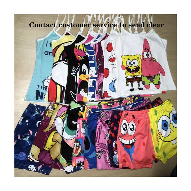 China Wholesale  Summer 2022 Tank Top Custom Cartoon Sleep Wear Two Piece Short Pajama Set Women Onsie Sleepwear