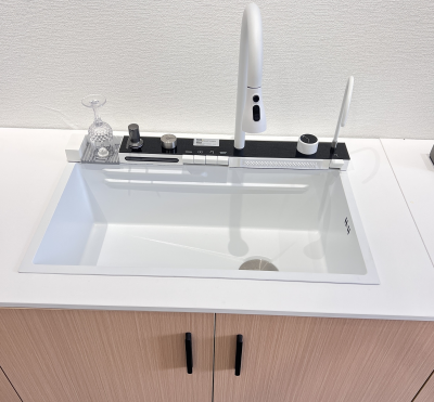 2023 New Design Single Bowl Kitchen Sink Handmade White Multi-Functional Stainless Steel 304 Waterfall Faucet All Accessories