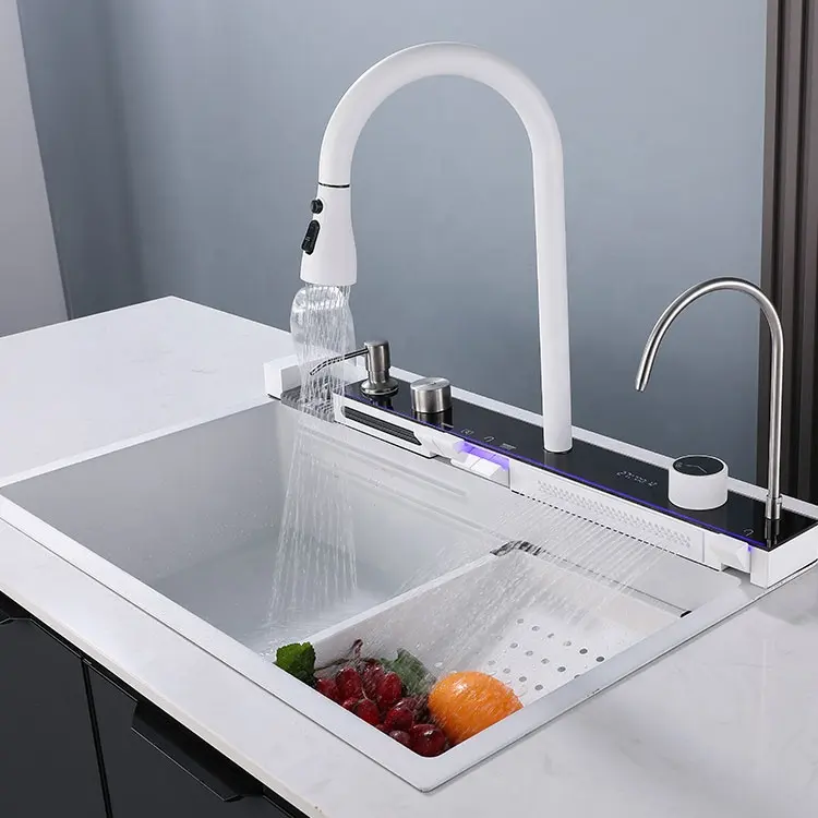 2023 New Design Single Bowl Kitchen Sink Handmade White Multi-Functional Stainless Steel 304 Waterfall Faucet All Accessories