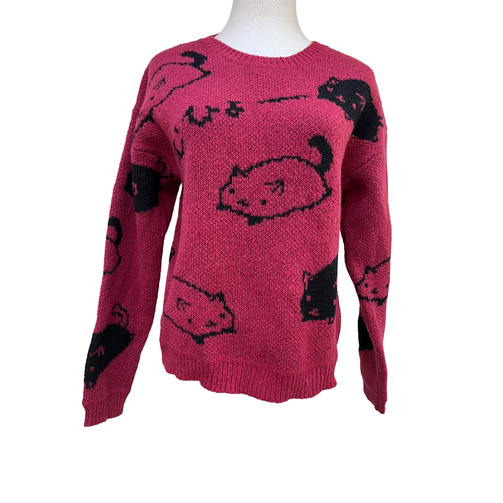 D1204TD46 Latest Mohair Knit Winter Long Sleeve Pullover Cat Print Women Sweater Sehe Fashion