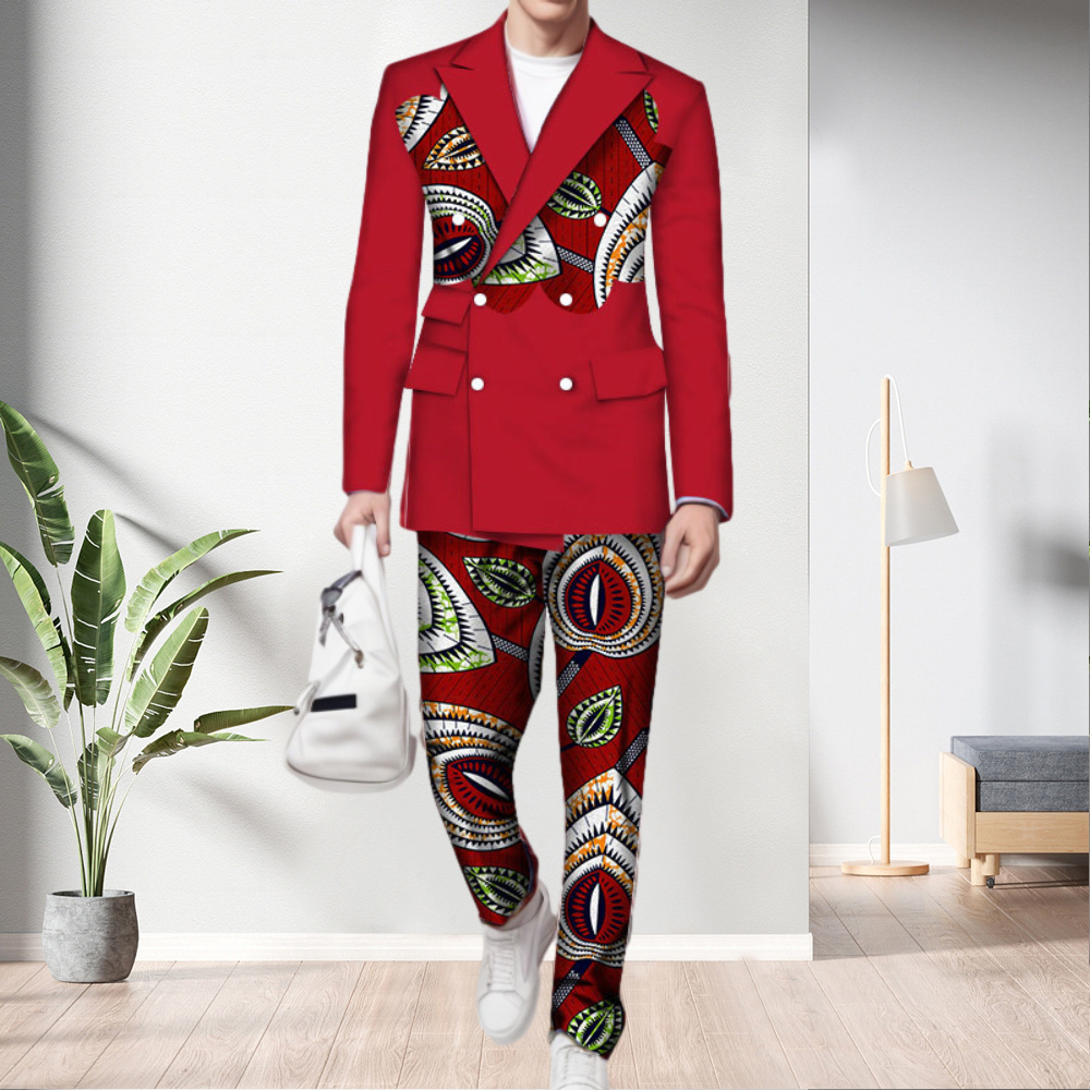 D0829TA36 Fashion Print Pattern Man  African National Double Breasted Peaked Lapel Jacket Pant Design Blazer Men's Suits