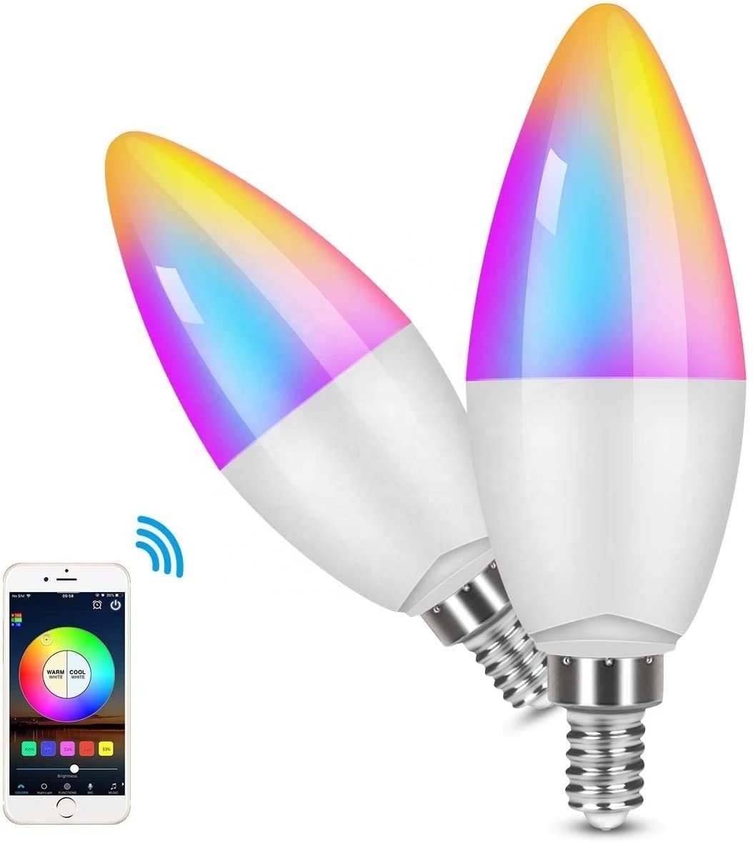 E14 Base Candelabra smart led bulb 5w dimmable smart light bulb RGBCW Color Changing C37 Wi-F smart bulb