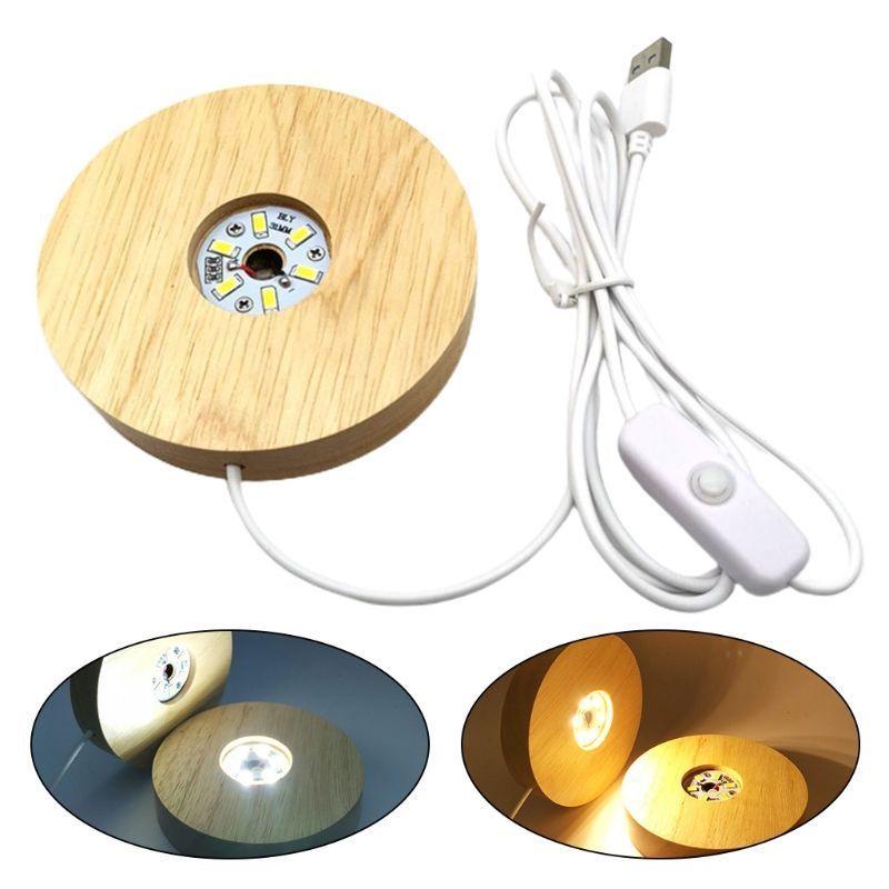 Multicolor Round Crystal Ball Holder Warm White LED Light Lamp Base USB Round Wooden Box Base