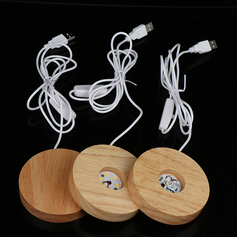 Round Solid Wood Luminous Base LED Light DIY Plug-in USB Night Light 10cm