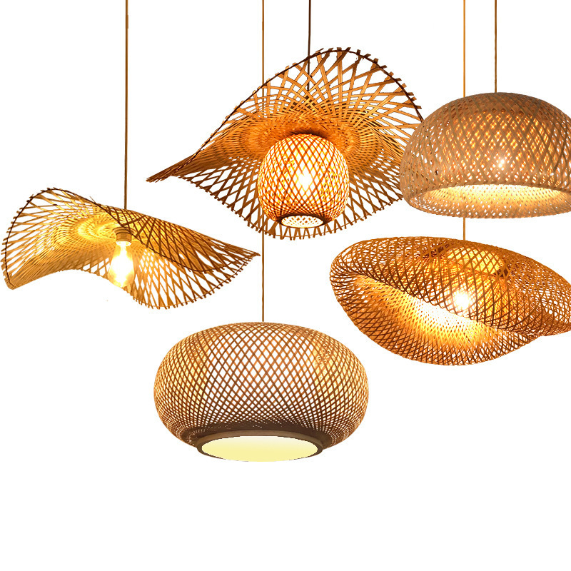 Rattan Wicker Craft Lampshade Handmade Hanging Lights E27 Base Chandelier Indoor Hallway Round Ceiling Pendant Light