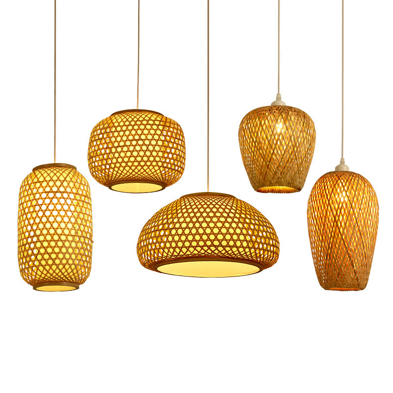 Rattan Wicker Craft Lampshade Handmade Hanging Lights E27 Base Chandelier Indoor Hallway Round Ceiling Pendant Light