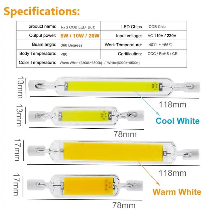 118mm 20W R7S LED Bulb 200W Halogen Equivalent High Brightness 120V R7S 6000K Daylight White Double Ended Flood Light 360 Beam A