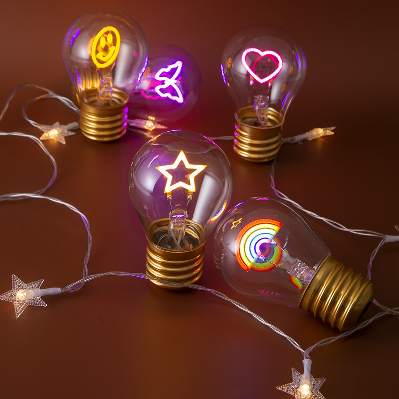 Holiday Gift Mood Lighting Battery Operated DIY Cartoon Custom Rainbow Heart Star E40 DC5V USB Rechargeable Led Filament Bulb