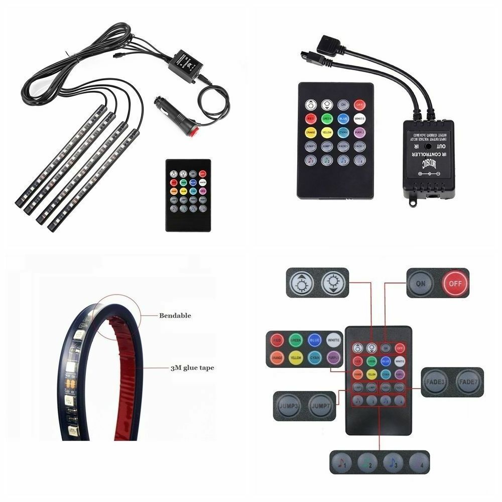 flexible waterproof 12V cigarette lighter plug car strip light Remote control RGB car LED interior decoration lights