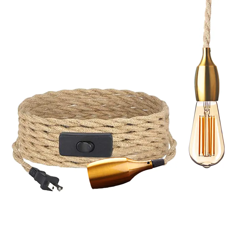 Vintage Style Hemp Rope Cable Wire With European Plug Dimmable Switch E27 Vintage Bulb Holder