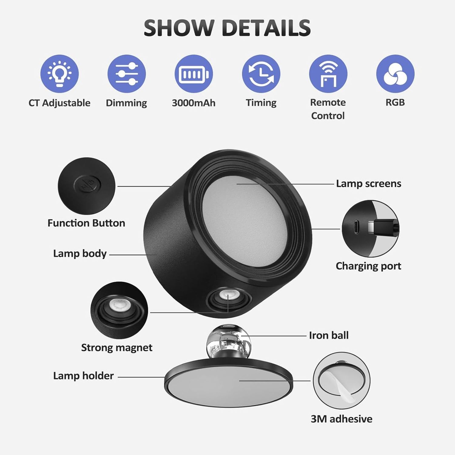 LED Wall Light USB Rechargeable Magnetic Ball Rotate Dimmable Touch Control Wall Mounted Reading Lamp For Bedside Home