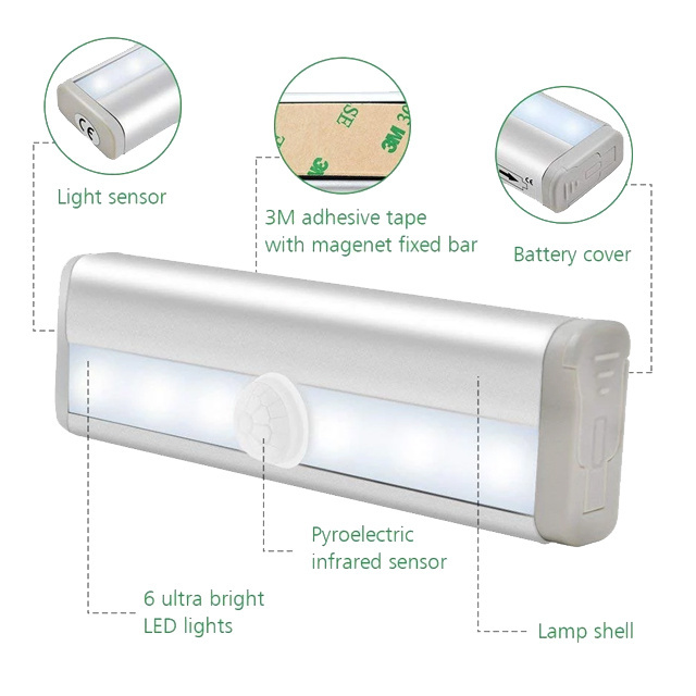 6 LEDs led under cabinet light warm white lights 3AAA Battery operated motion sensor closet kitchen cabinet lights