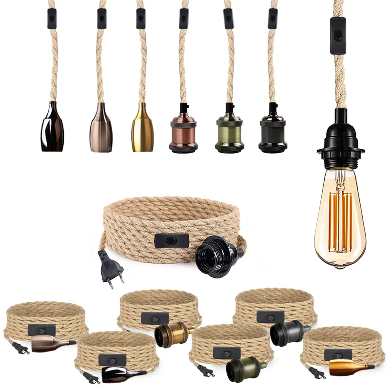 Vintage Style Hemp Rope Cable Wire With European Plug Dimmable Switch E27 Vintage Bulb Holder