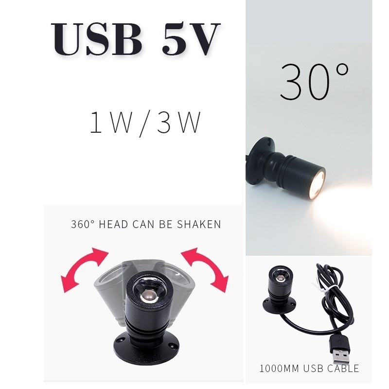 USB 5V Led Spot Light 1W 3W Surface Mounted Cabinet Showcase Counter Jewelry Lamp Rotatable Angle Ceiling Mini Spotlight