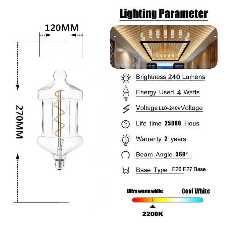 PL120 4w Cob soft filament led light Clear Glass dimming filamento led Retro Decorative bulb