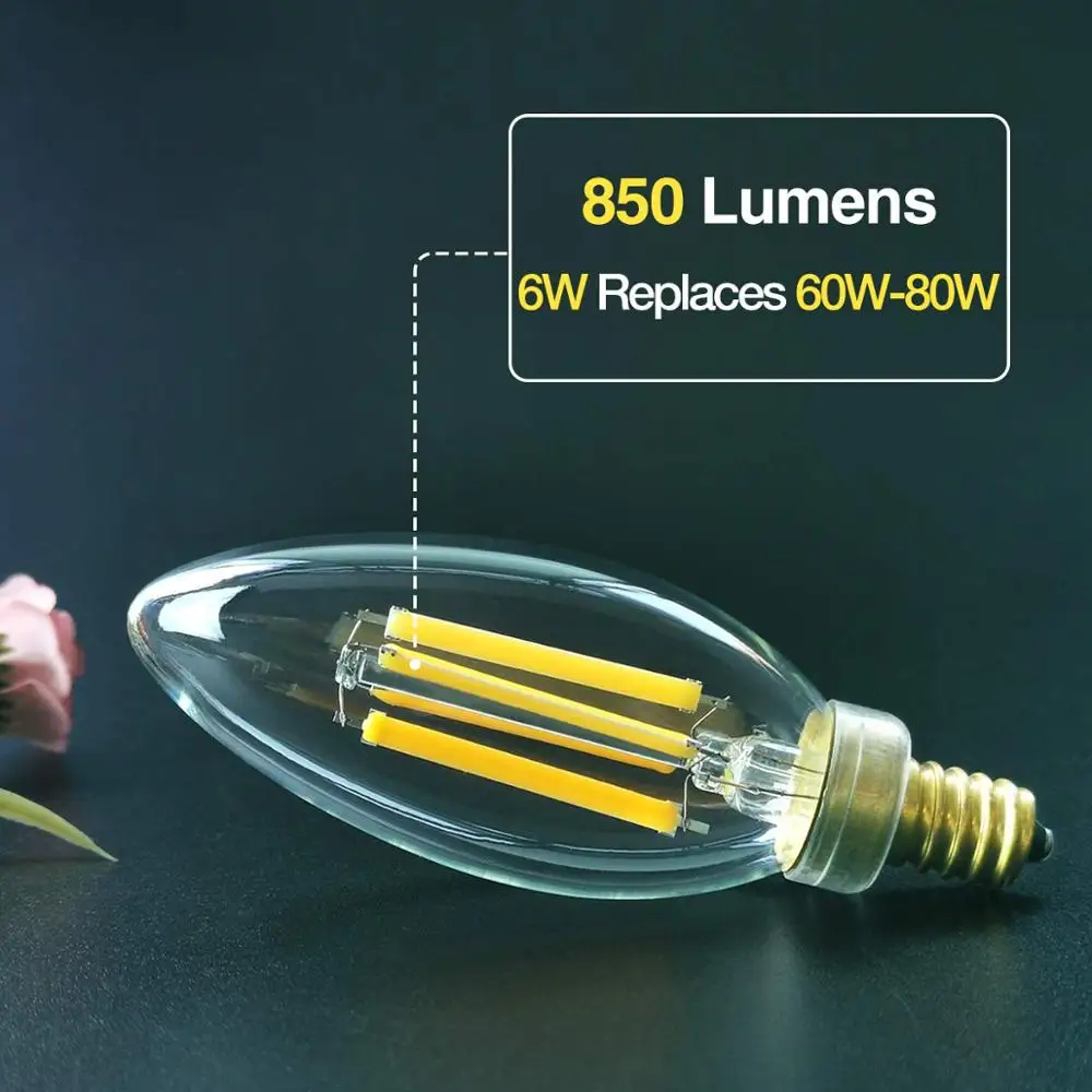 Daylight White for 4000K 5000K no Flicker E12 Bulbs C35/B10 Candelabra Base candle led filament bulb