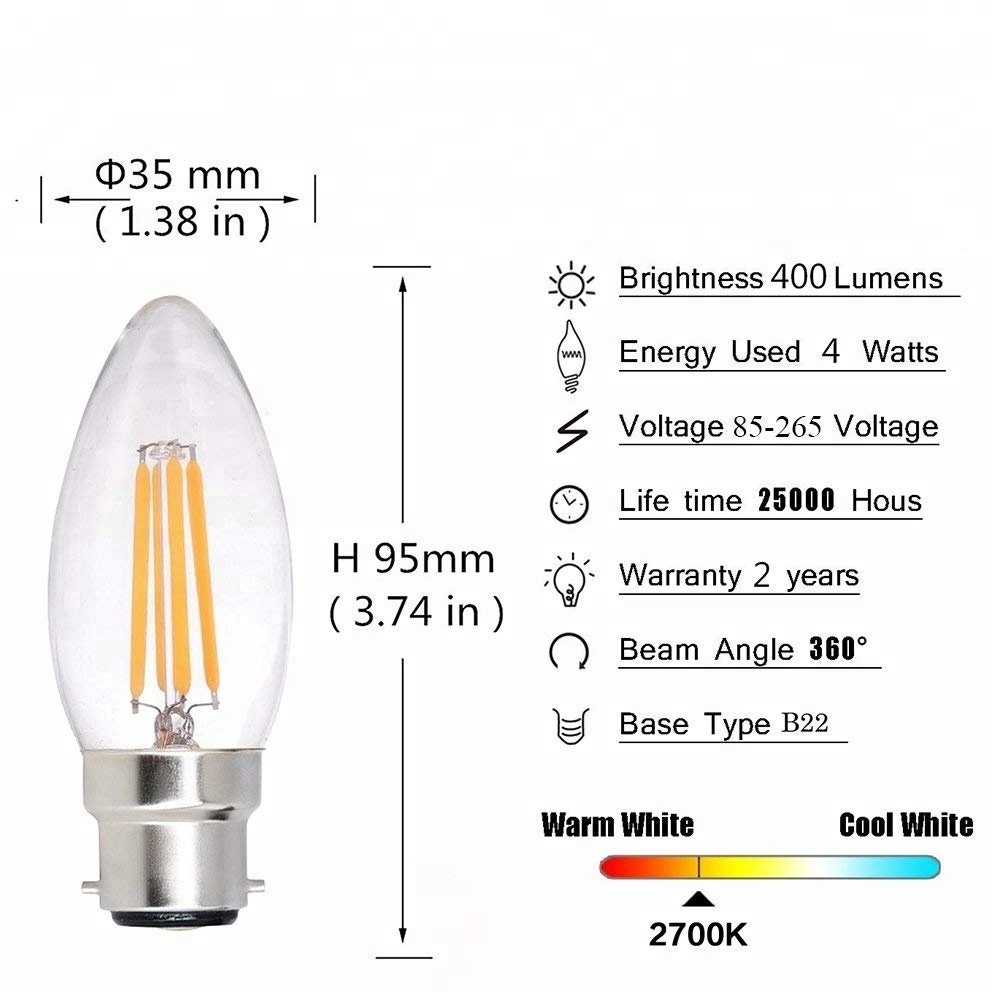 LED Candle Light Bulb 4W B22 B15 base Warm White 2700K C35 LED Edison Antique Filament Chandelier Lamp