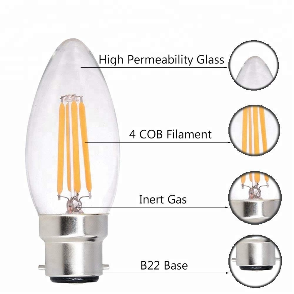 LED Candle Light Bulb 4W B22 B15 base Warm White 2700K C35 LED Edison Antique Filament Chandelier Lamp