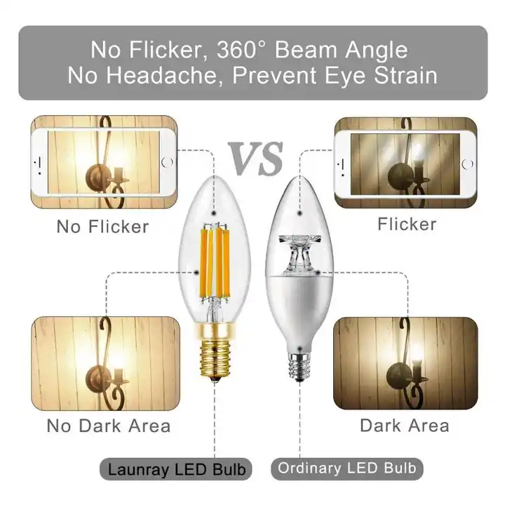 Daylight White for 4000K 5000K no Flicker E12 Bulbs C35/B10 Candelabra Base candle led filament bulb