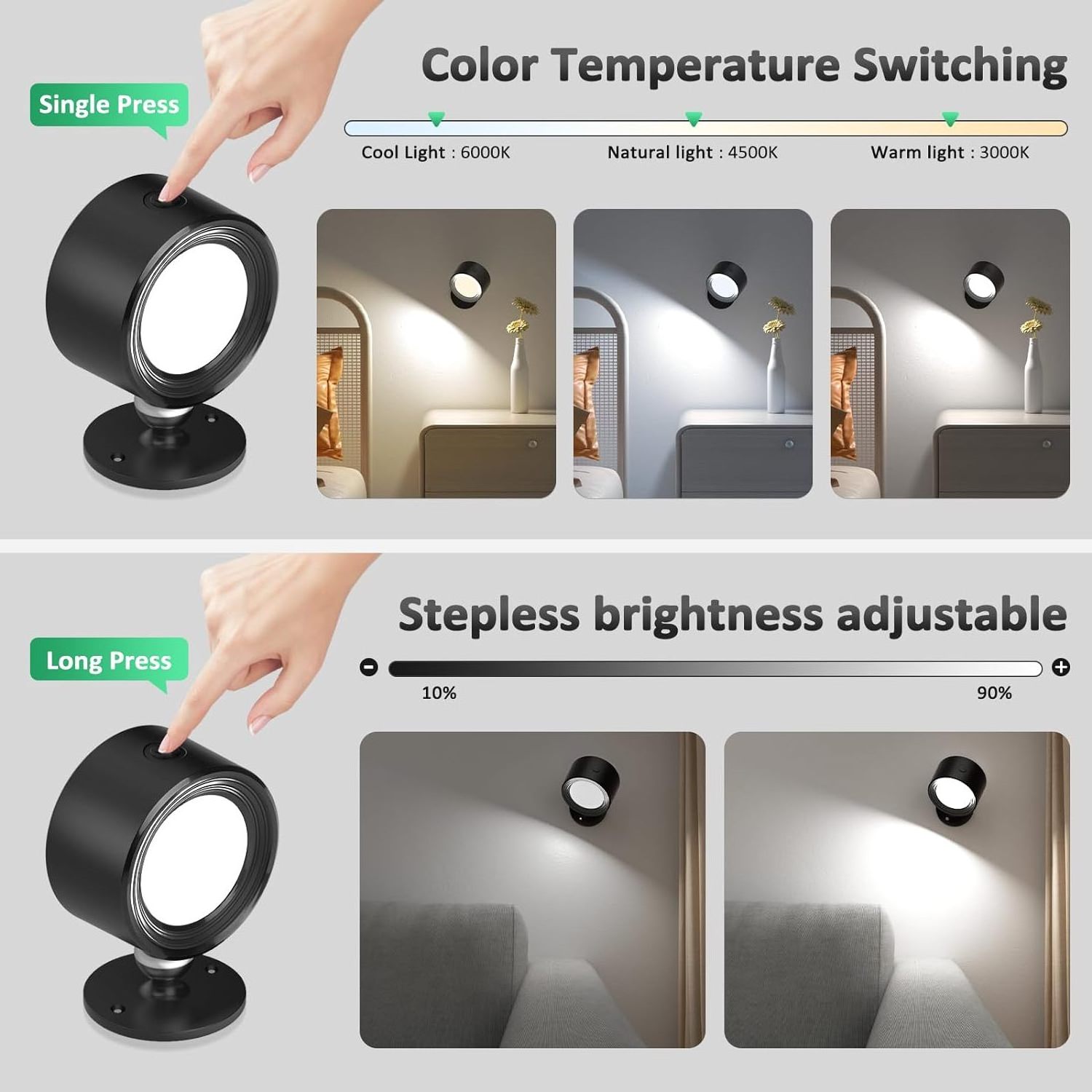 LED Indoor Wall Light USB Rechargeable  3 Colour Modes, 3 Brightness Levels LED Wall Light Wireless for Living Room, Bedroom