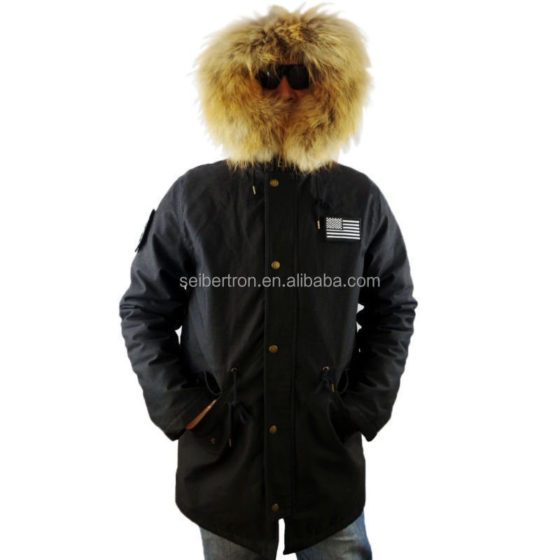 Seibertron M65 Slim fit Field Coat Raccoon Fur Collar Hooded Jacket Parka Winter Long Coat