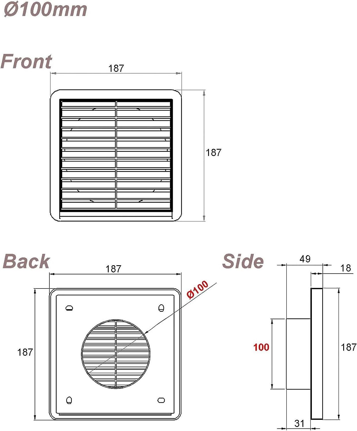 4 inch with Insect Screen for Ceiling Extractor Fan Bathroom Air Vent Cover for Tumble Dryer Ventilation Cooker Hood Ducting