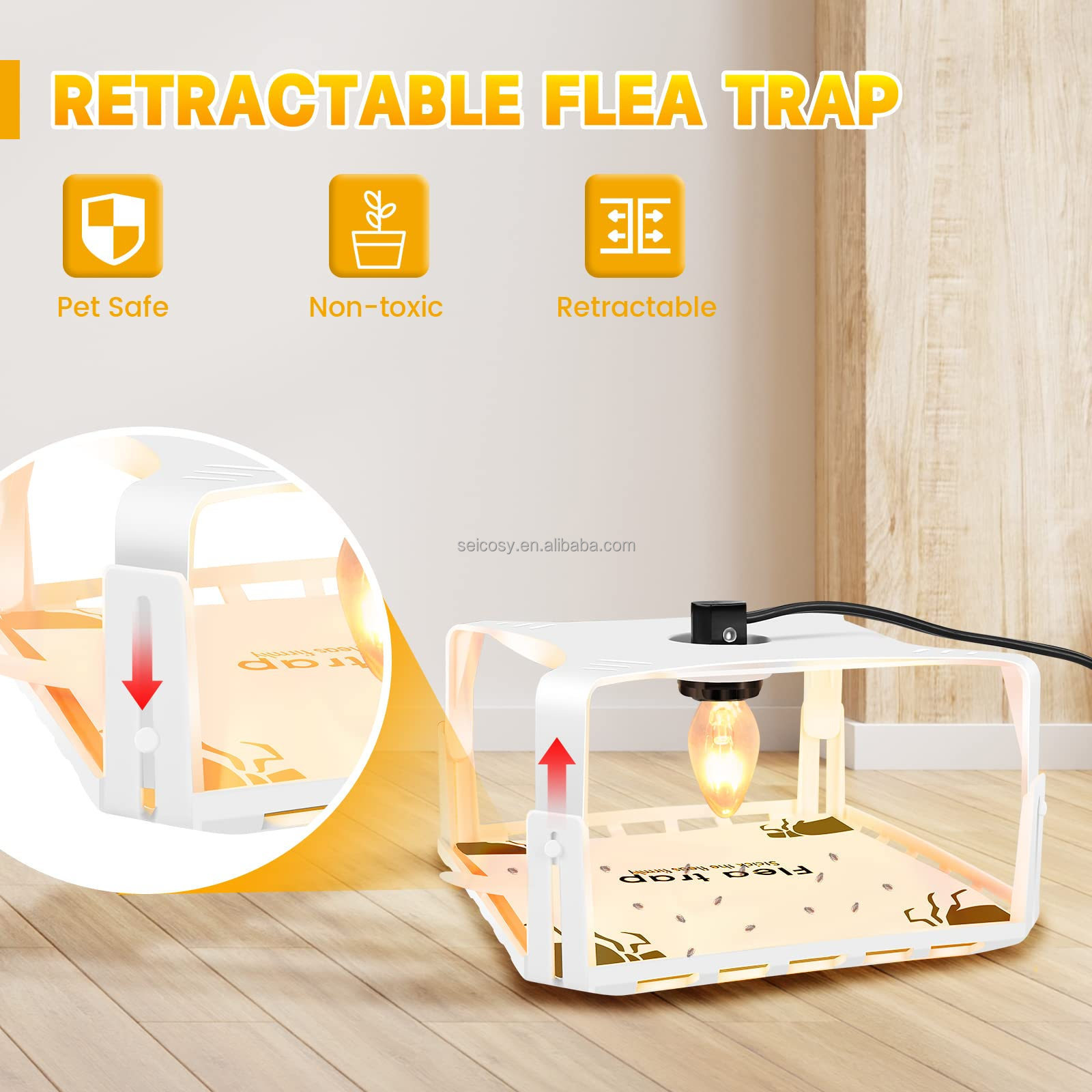 Seicosy Electric Flea Traps for Inside Your Home (2 Packs), Retractable Flea Light Trap Sticky  Refill & Replacement Bulbs