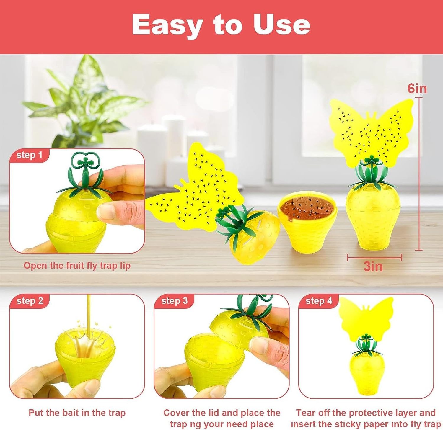 Seicosy Fruit Fly Trap for Indoors with Yellow Double Side Sticker,Efficient and Convenient Fruit Fly Killer Gnat Trap