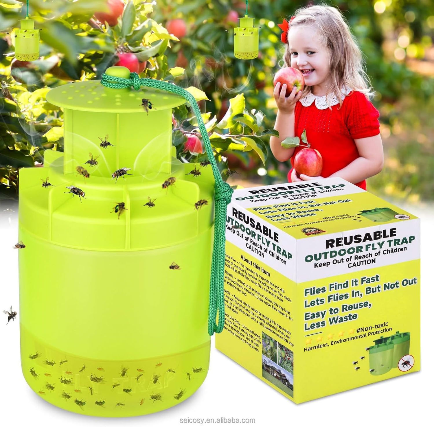 Seicosy Outdoor Fly Trap  with Fly Bait Hanging Reusable Safe Insect Catcher, Indoor Flies Killer Pest Control