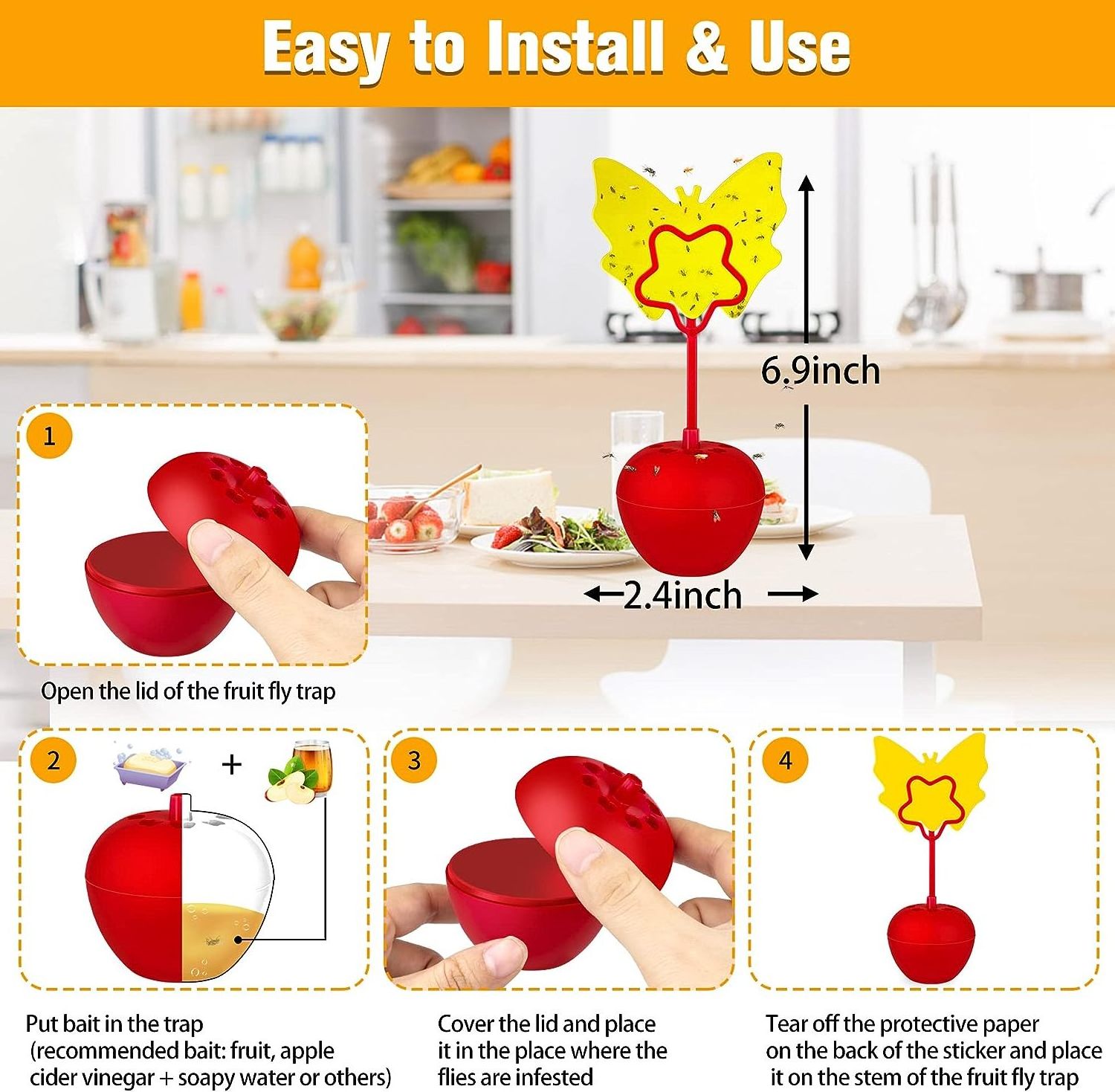 Seicosy Fruit Fly Traps with Sticky Pads Indoor,Effective Flies Killer Trap,Easy to Use Non-Toxic Fly Catcher Gnat Insect Trap