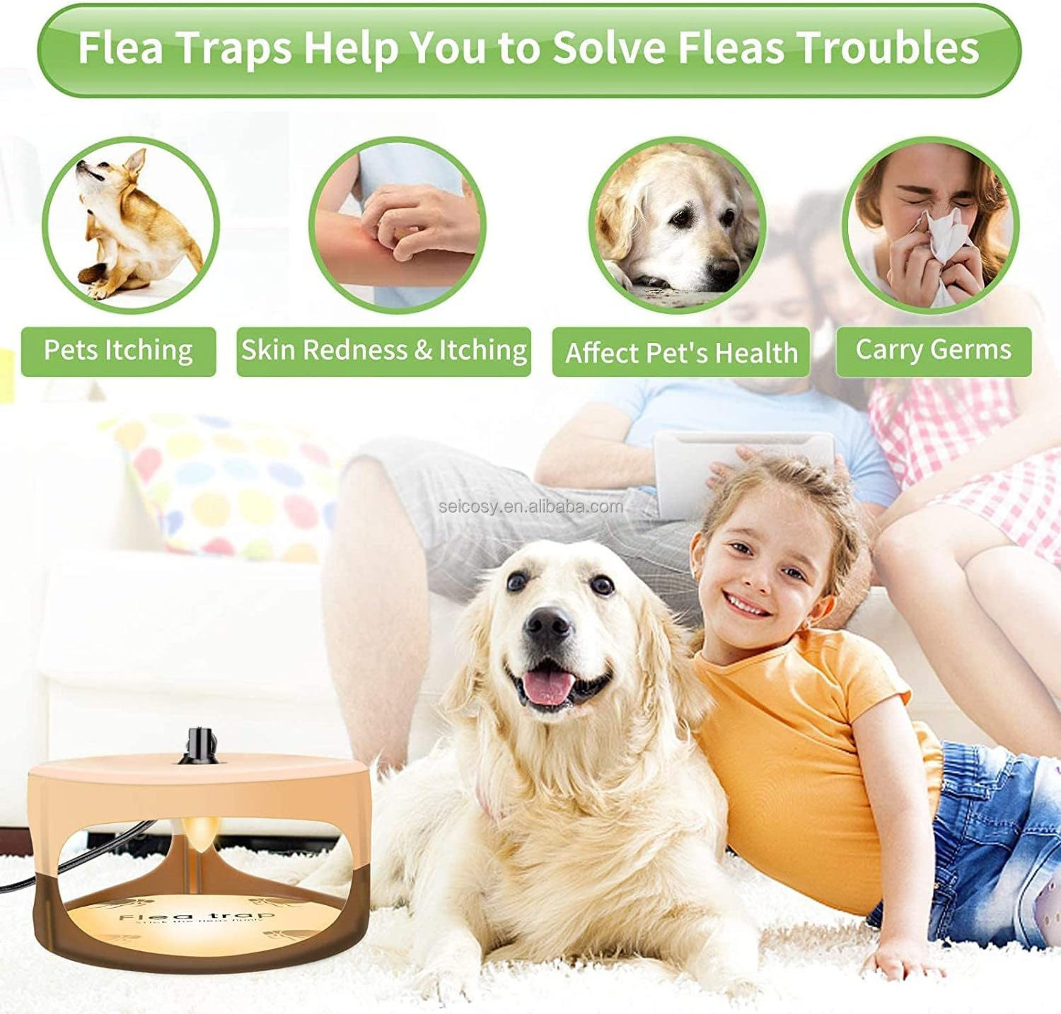 Seicosy Flea Traps for Inside Your Home,Flea Trap with Light Refills and Sticky Pads,Sticky Flea Trap,Safe for Kids,Pets(2 Pack)