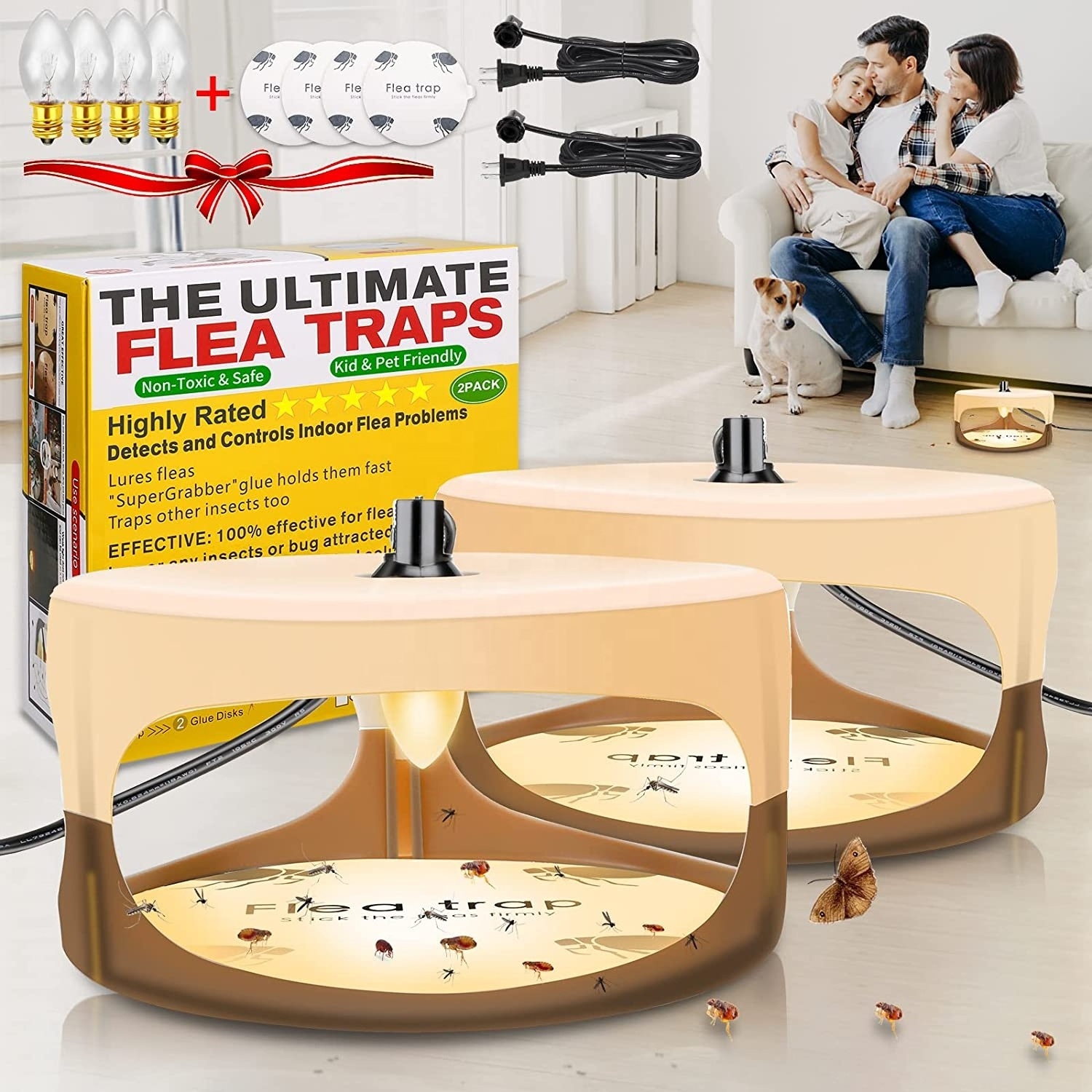 Seicosy Flea Trap, Sticky Bed Bug Flea Traps Indoor Pest Control Trapper Insect Killer with 4 Sticker and Light Bulbs