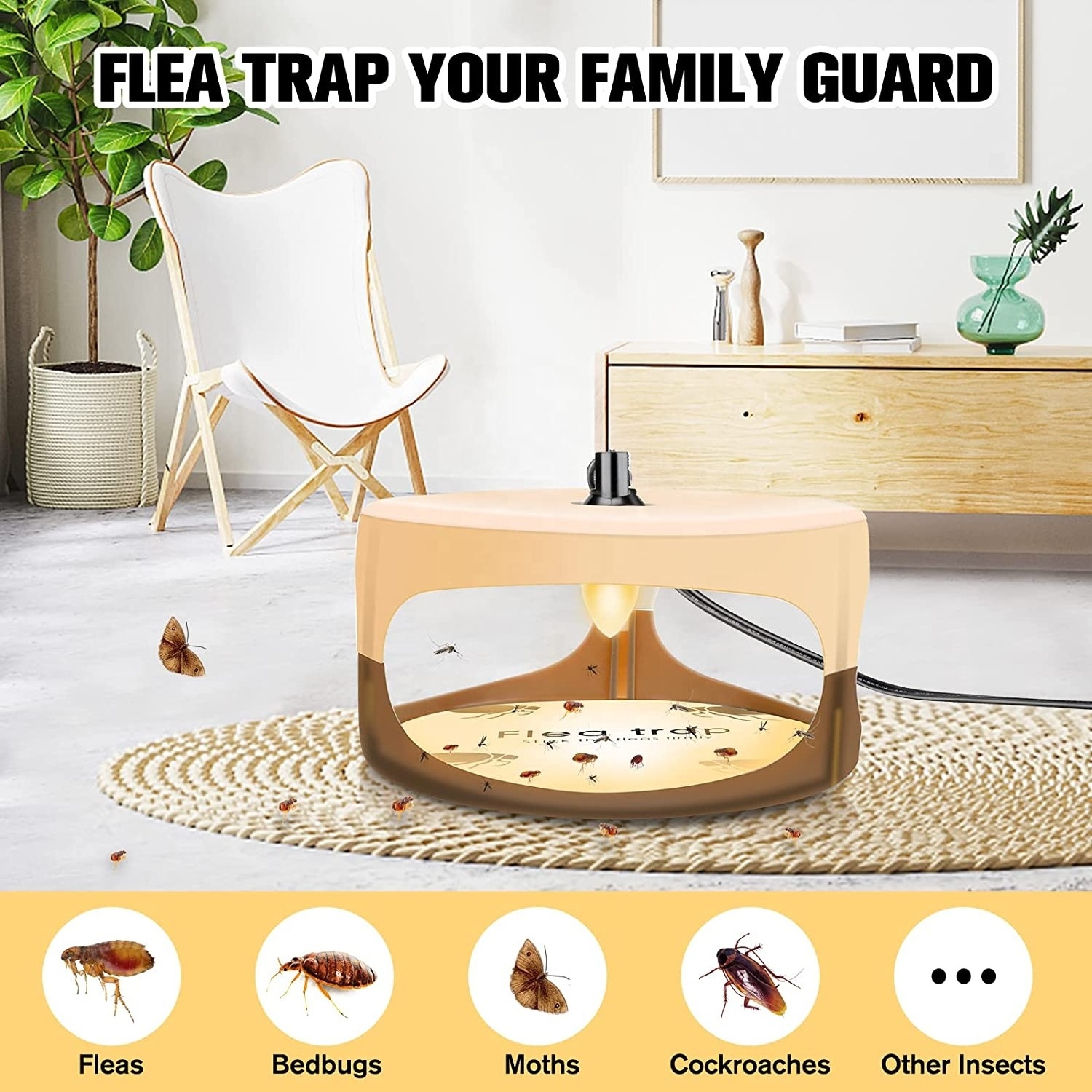 Seicosy Flea Trap, Sticky Bed Bug Flea Traps Indoor Pest Control Trapper Insect Killer with 4 Sticker and Light Bulbs